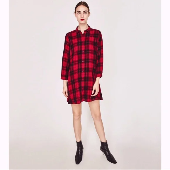 zara red shirt dress ZARA NEW WOMAN EMBROIDERED SHIRT DRESS ZW COLLECTION RED | 8420/916